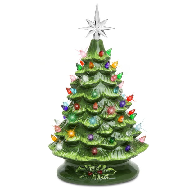 Green Glaze Green Holly Base Ceramic Christmas Tree Lighted 10" U Decorate